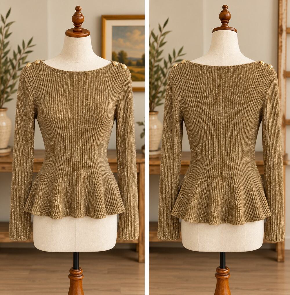 Lauren Ralph Lauren Gold Metallic Ribbed Peplum Sweater Womens M Button Shoulder